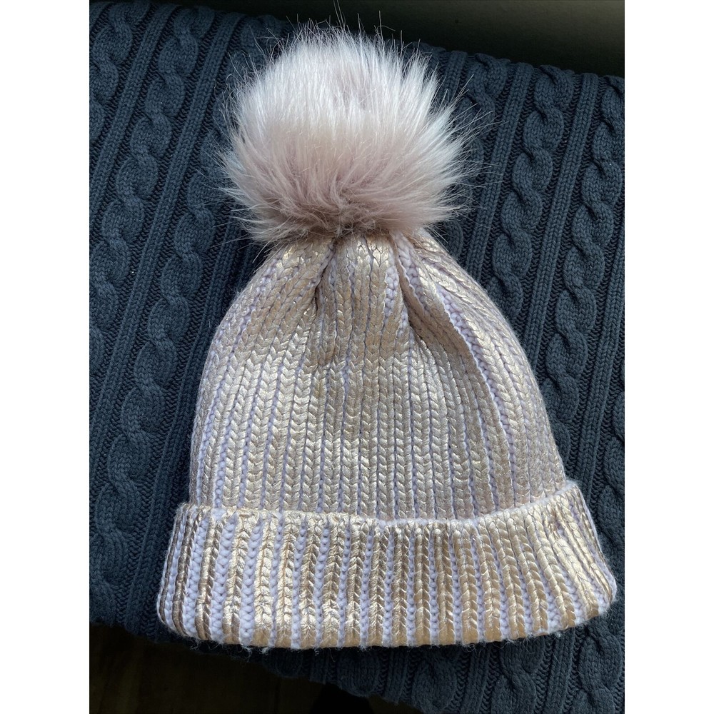 Place Girls Rose Gold Beanie Size Large 8+ Faux Fur Pompom